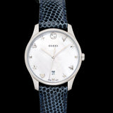 Gucci G-Timeless Signature Mother of Pearl Silver Dial Blue Leather Strap Watch For Women - YA1264049 Buy Now By Gucci