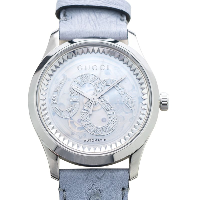 Gucci G Timeless Automatic Mother of Pearl Dial Blue Leather Strap Watch For Women - YA1264113 Buy Now By Gucci