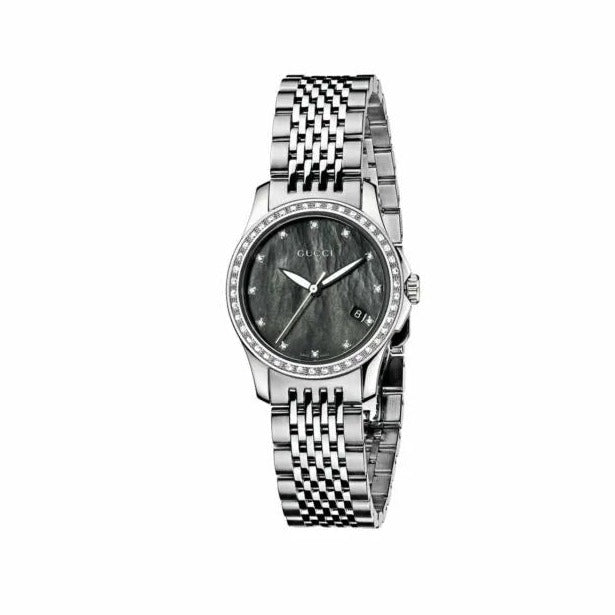 Gucci G Timeless Diamonds Mother of Pearl Black Dial Silver Mesh Bracelet Watch For Women - YA126507 Buy Now By Gucci