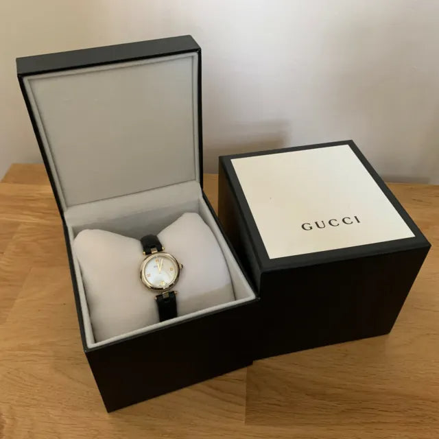 Shop Gucci Diamantissima Mother of Pearl Dial Black Leather Strap Watch For Women - YA141505 in USA