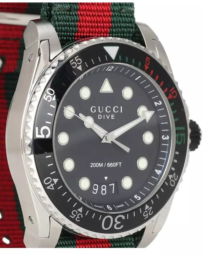 Shop Gucci Dive Black Dial Red & Green Nylon Strap Watch For Men - YA136209 in USA