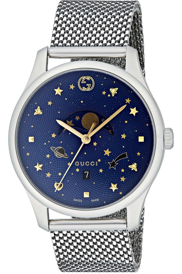 Shop Gucci G-Timeless Motifs Moon Phase Blue Dial Silver Mesh Bracelet Watch For Men - YA126328 in USA
