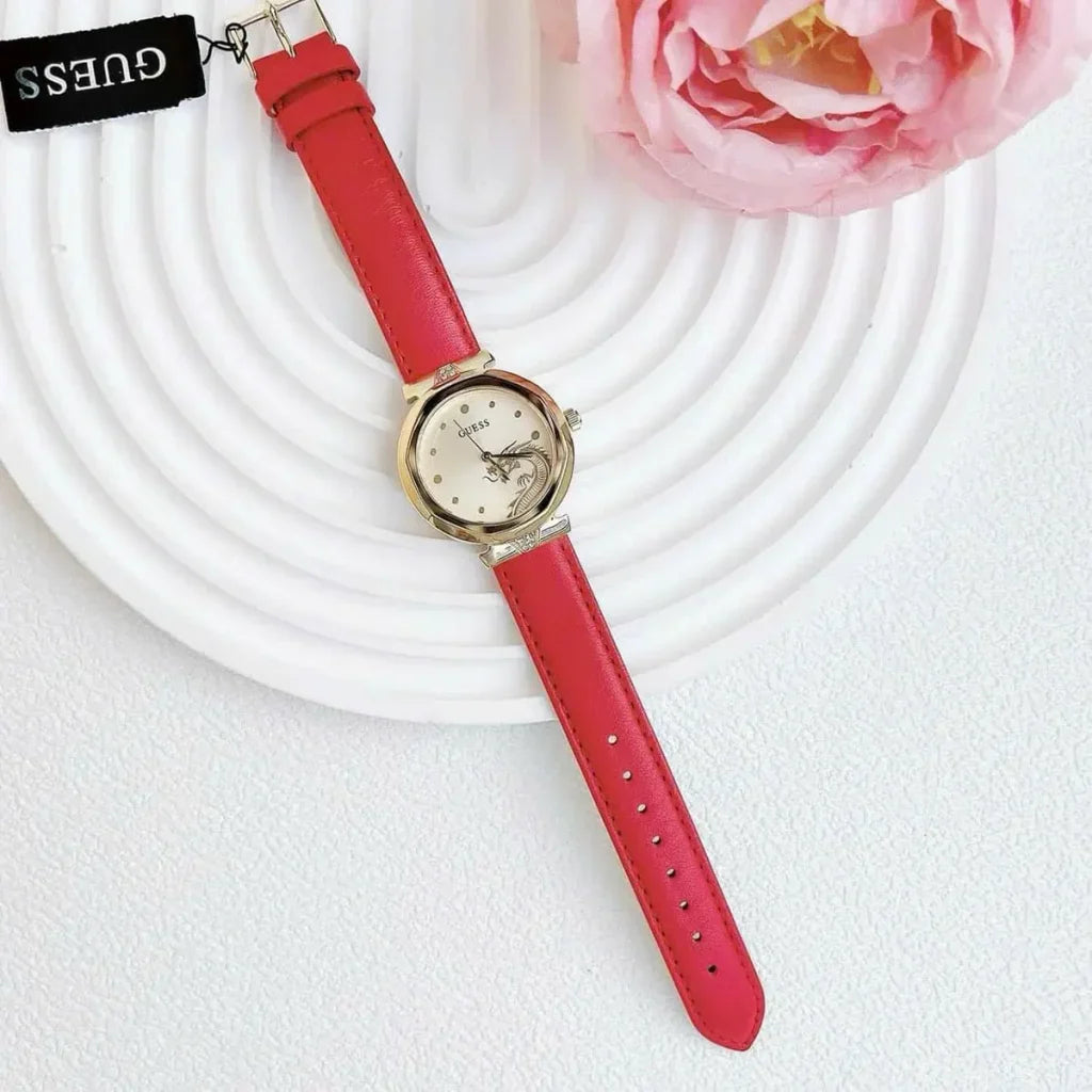 Guess Trend Dragon Gold Dial Red Leather Strap Watch For Women - GW0646L1