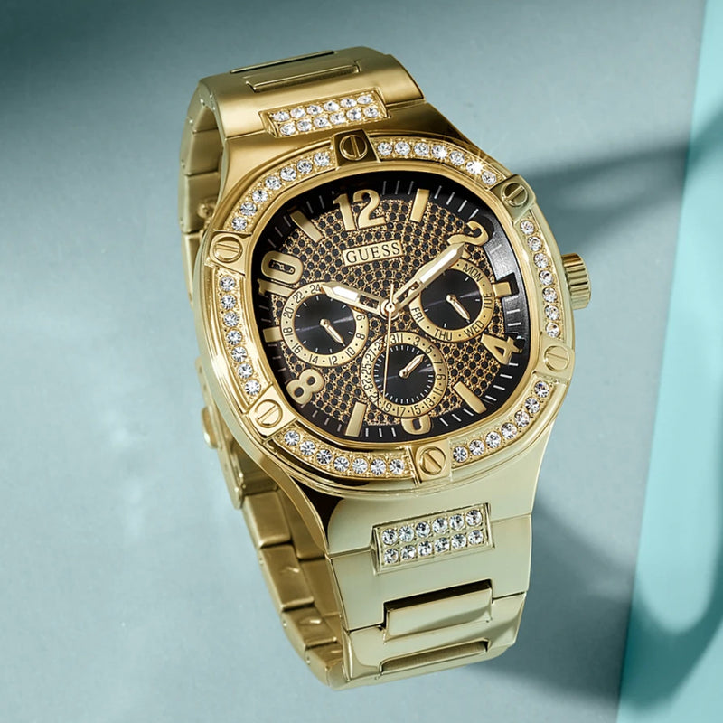 Guess Duke Glitz Crystals Gold Dial Gold Steel Strap Watch For Men - GW0576G2 Buy Now By Guess