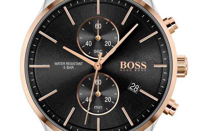 Shop Hugo Boss Associate Chronograph Black Dial Two Tone Steel Strap Watch for Men - 1513840 in USA