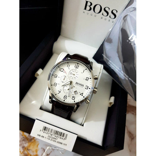 Hugo Boss Aeroliner Chronoraph White Dial Brown Leather Strap Watch For Men - HB1512447