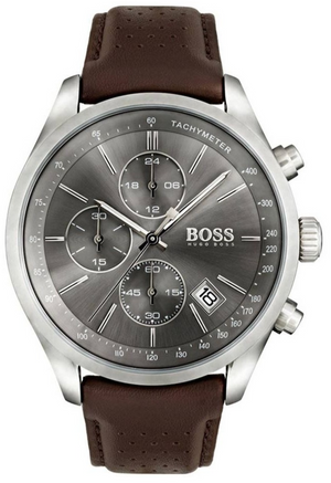 Hugo Boss Grand Prix Chronograph Grey Dial Brown Leather Strap Watch for Men - 1513476