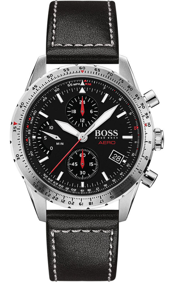 Shop Hugo Boss Aero Chronograph Black Dial Black Leather Strap Watch for Men - 1513770 in USA