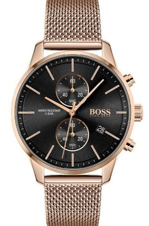 Hugo Boss Associate Chronograph Black Dial Rose Gold Mesh Bracelet Watch for Men - 1513806