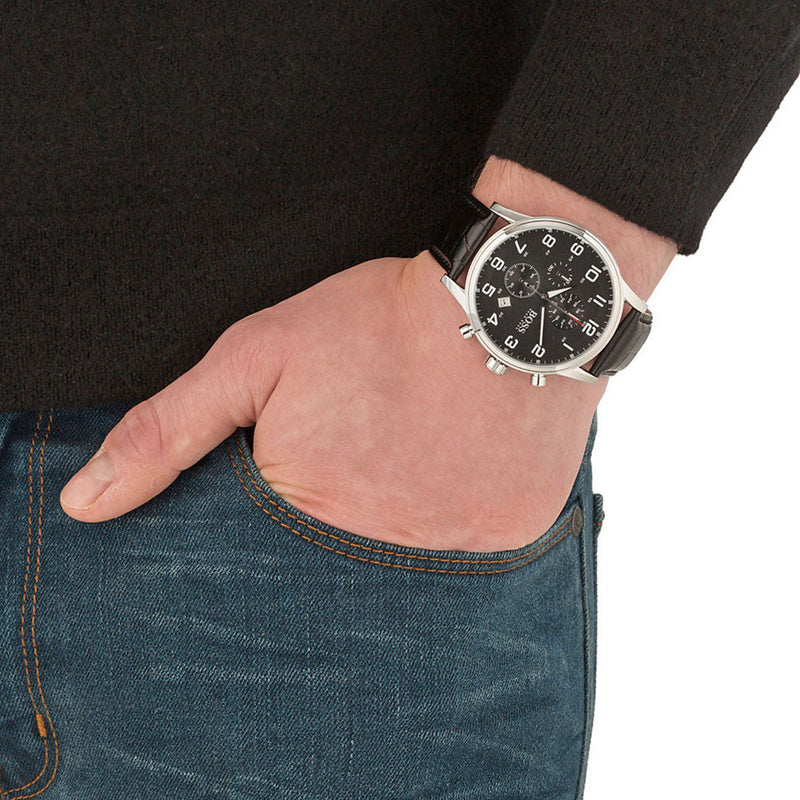 Hugo Boss Aeroliner Chronograph Black Dial Black Leather Strap Watch For Men - 1512448 Buy Now By Hugo Boss