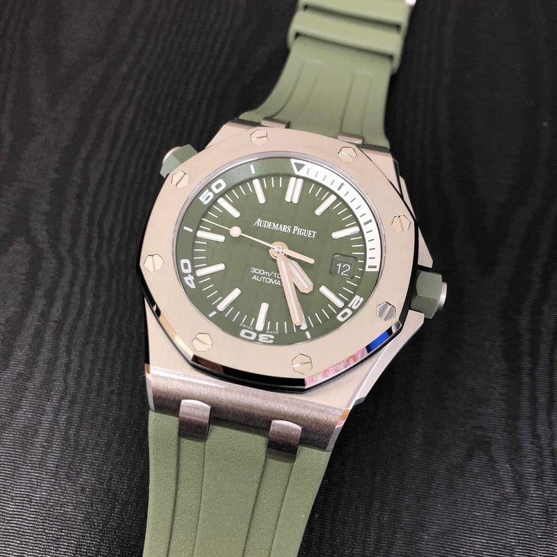 Audemars Piguet Royal Oak Offshore Diver Green Dial Green Rubber Strap Watch for Men - 15710ST.OO.A052CA.01
