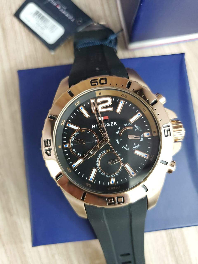 Shop Tommy Hilfiger Sport Multifunction Black Dial Black Rubber Strap Watch for Men - 1791145 in USA