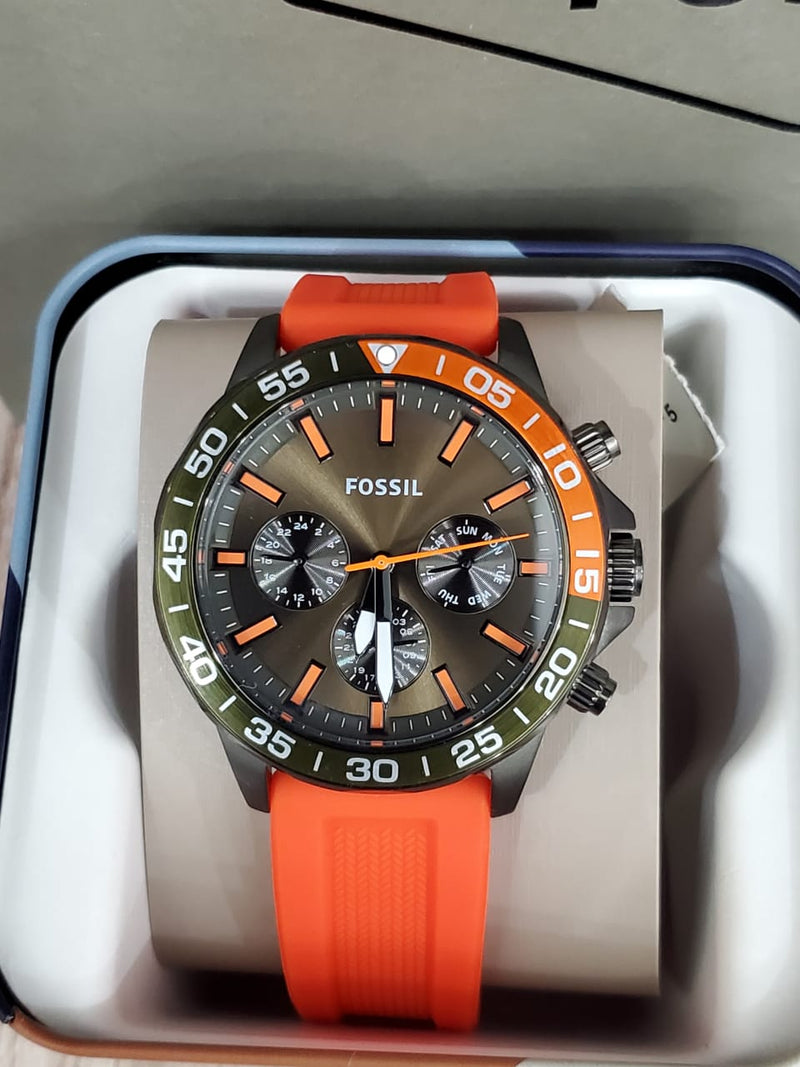 Fossil Bannon Chronograph Grey Dial Orange Silicone Strap Watch for Men - BQ2500 Buy Now By Fossil