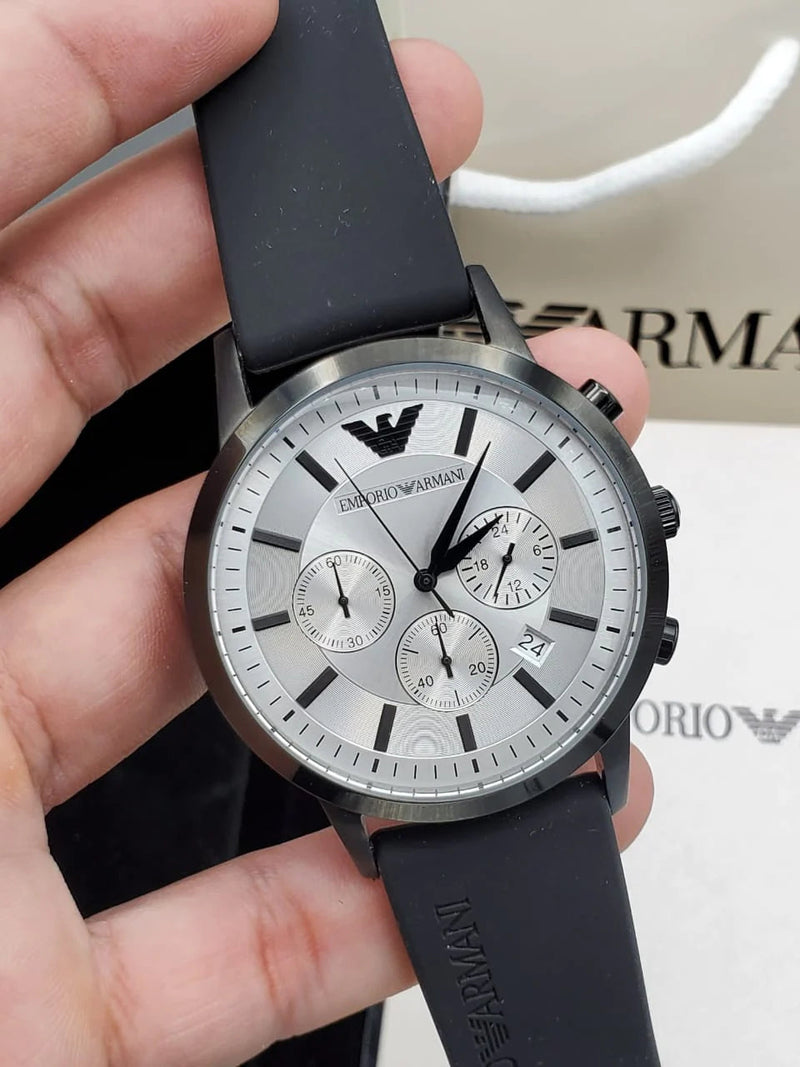 Shop Emporio Armani Chronograph Quartz Silver Dial Black Rubber Strap Watch For Men - AR11048 in USA