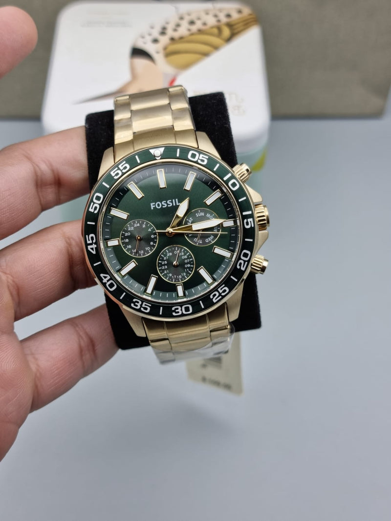 Fossil Bannon Multifunction Chronograph Green Dial Gold Steel Strap Watch for Men - BQ2493 Buy Now By Fossil