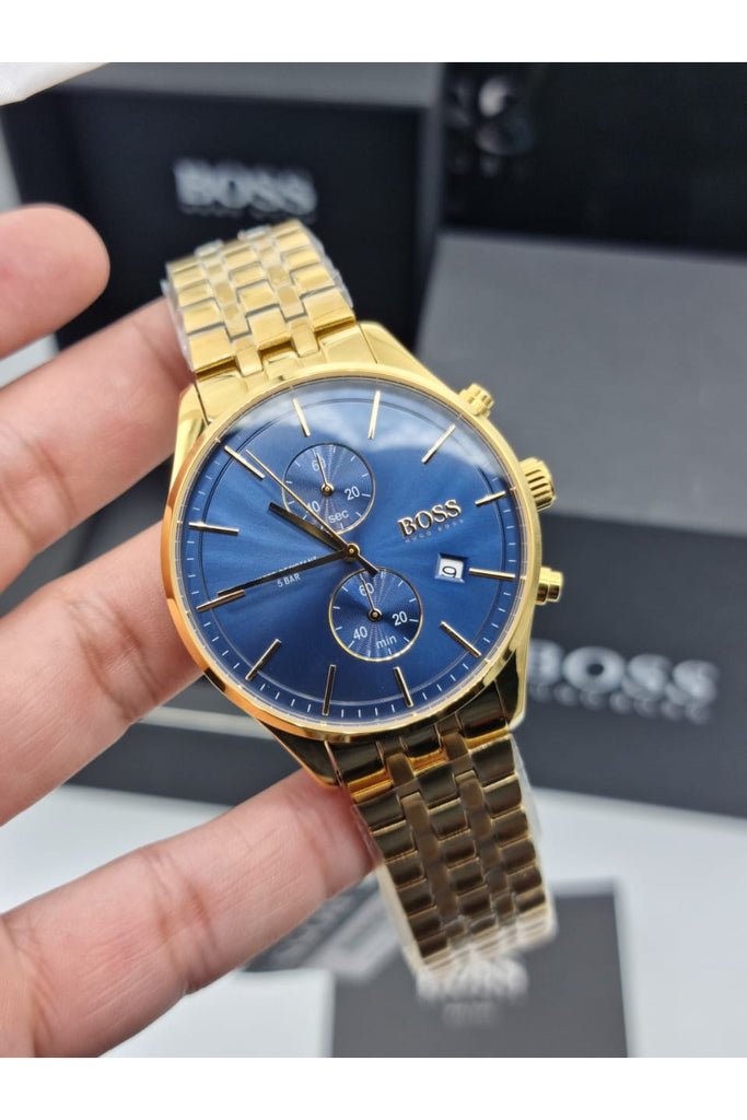 Hugo Boss Associate Blue Dial Gold Steel Strap Watch for Men - 1513841 Buy Now By Hugo Boss