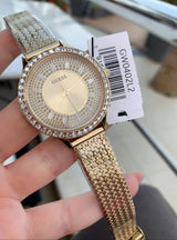 Shop Guess Soiree Diamonds Gold Dial Gold Mesh Bracelet Watch for Women - GW0402L2 in USA