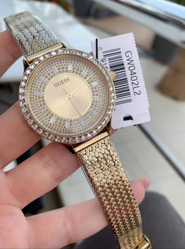 Shop Guess Soiree Diamonds Gold Dial Gold Mesh Bracelet Watch for Women - GW0402L2 in USA