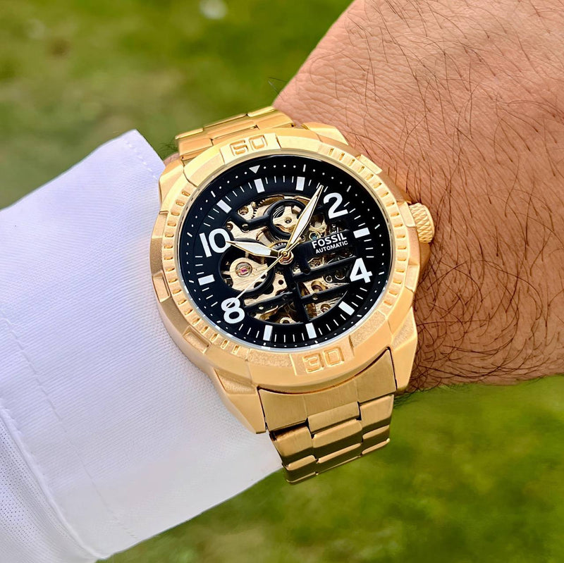 Fossil Bronson Automatic Skeleton Black Dial Gold Steel Strap Watch for Men - ME3257 Buy Now By Fossil