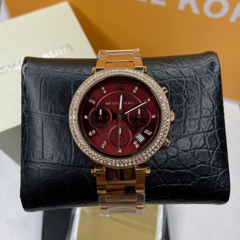 Michael Kors Parker Chronograph Red Dial Rose Gold Steel Strap Watch For Women - MK6106 Buy Now By Michael Kors