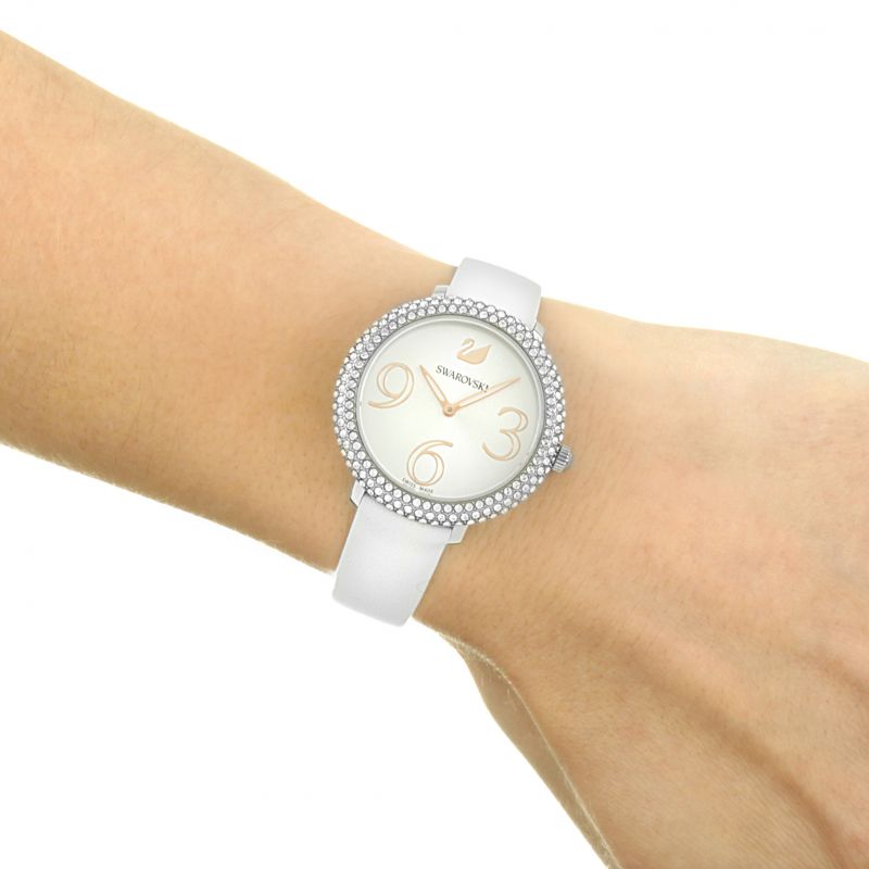 Shop Swarovski Crystal Frost Silver Dial White Leather Strap Watch for Women - 5484070 in USA