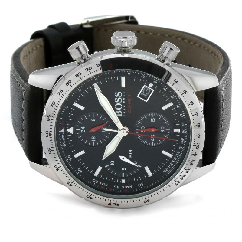 Hugo Boss Aero Chronograph Black Dial Black Leather Strap Watch for Men - 1513770 Buy Now By Hugo Boss