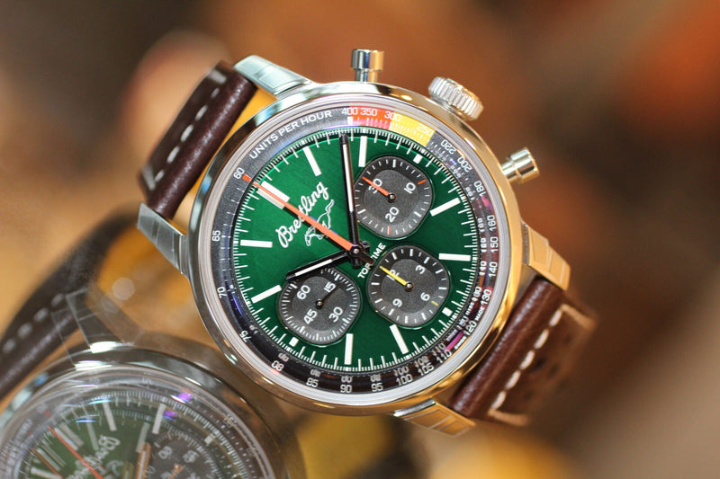 Breitling Top Time B01 Ford Mustang Green Dial Brown Leather Strap Watch for Men - AB01762A1L1X1