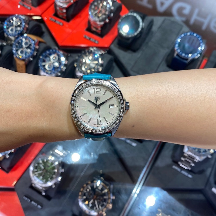 Shop Tag Heuer Formula 1 Quartz Diamonds Mother of Pearl Dial Blue Leather Strap Watch for Women - WBJ131A.FC8256 in USA