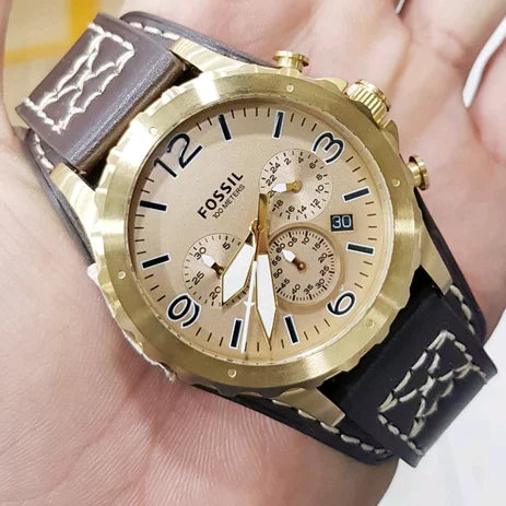 Fossil Nate Chronograph Gold Dial Brown Leather Strap Watch for Men - JR1495 Buy Now By Fossil