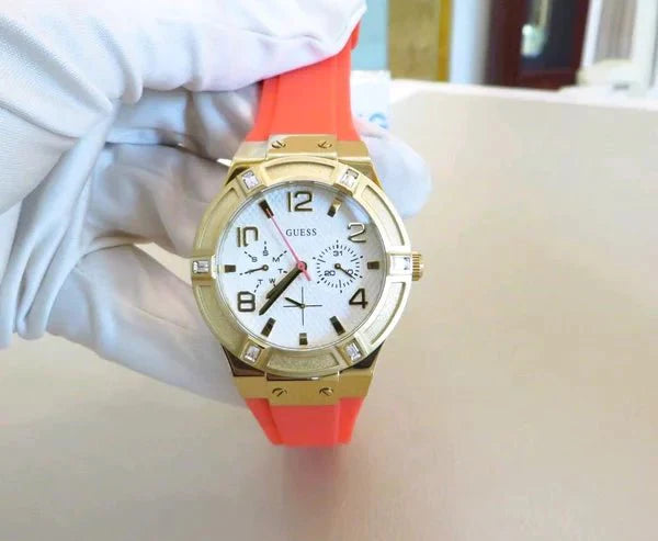 Guess Jet Setter Golden Dial Orange Rubber Watch For Women - W0564L2 Buy Now By Guess