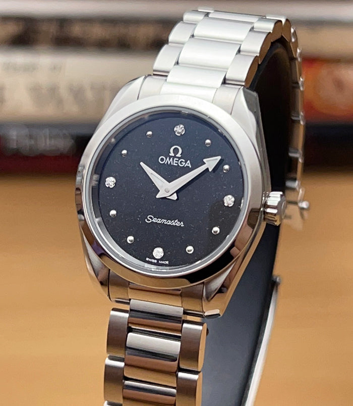 Omega Seamaster Aqua Terra Quartz Diamond Black Dial Silver Steel Strap Watch for Women - 220.10.28.60.51.001