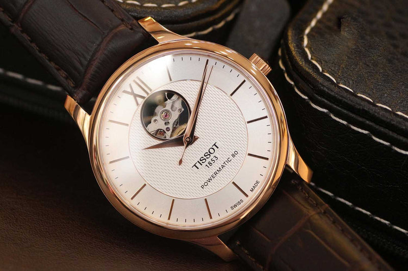 Tissot Tradition Powermatic 80 Open Heart Silver Dial Brown Leather Strap Watch For Men - T063.907.36.038.00 Buy Now By Tissot