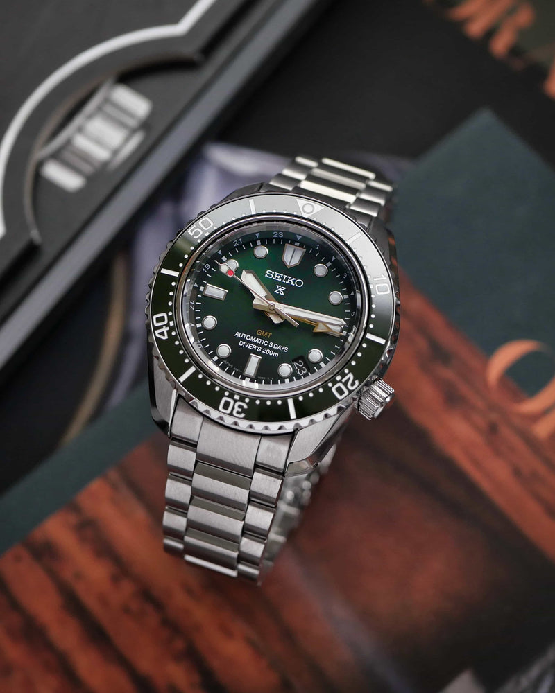 Shop Seiko Prospex GMT Divers Automatic Marine Green Dial Silver Steel Strap Watch For Men - SPB381J1 in USA