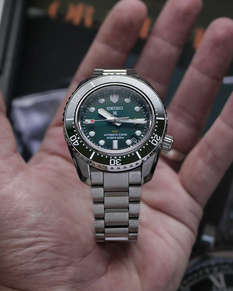 Shop Seiko Prospex GMT Divers Automatic Marine Green Dial Silver Steel Strap Watch For Men - SPB381J1 in USA