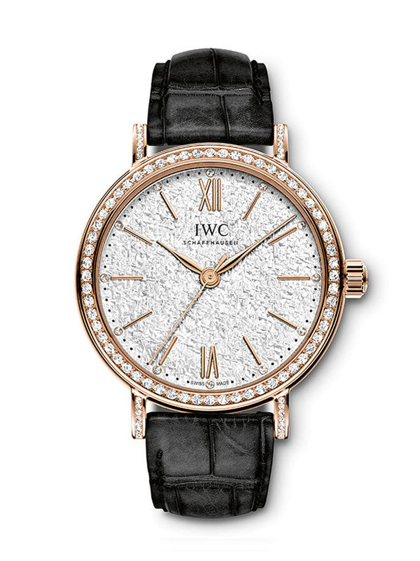Shop IWC Portofino Automatic Diamonds Silver Dial Black Leather Strap Watch for Women - IW357406 in USA