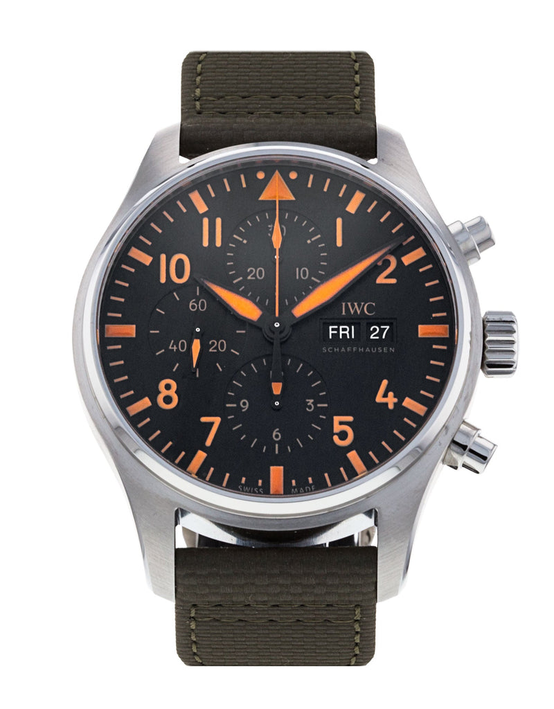 Shop IWC Pilot's Watch Chronograph Black Dial Olive Green Calfskin Strap Watch for Men - IW377730 in USA