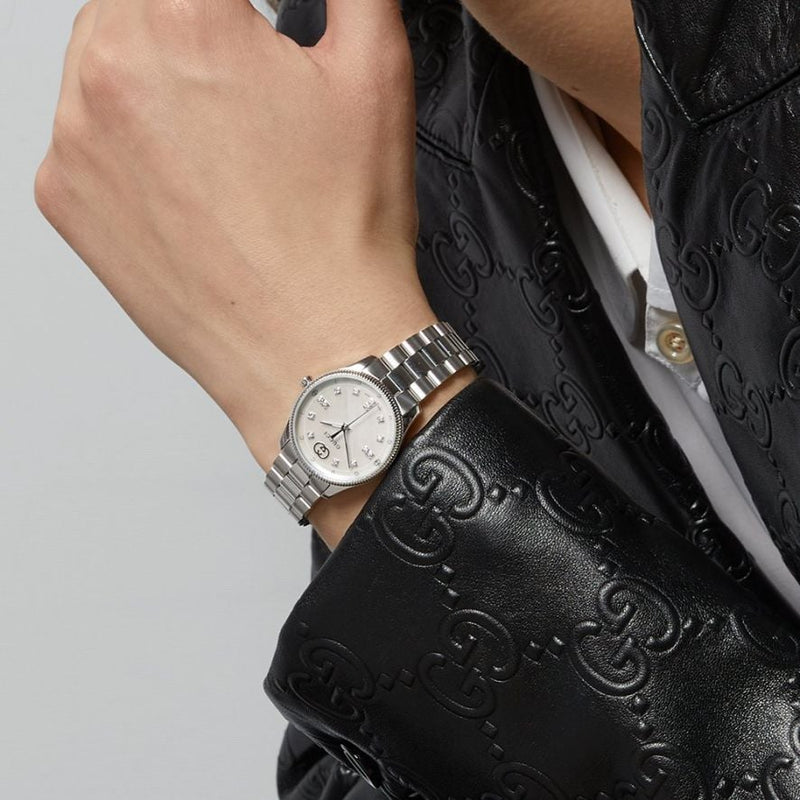 Shop Gucci G Timeless Diamonds White Dial Silver Steel Strap Watch for Women - YA1265064 in USA
