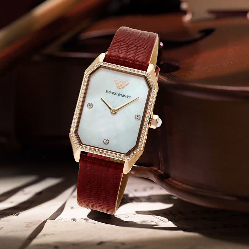 Emporio Armani Gianni T Bar Two-Hand Mother of Pearl Dial Red Leather Strap Watch For Women - AR11467 Buy Now By Emporio Armani