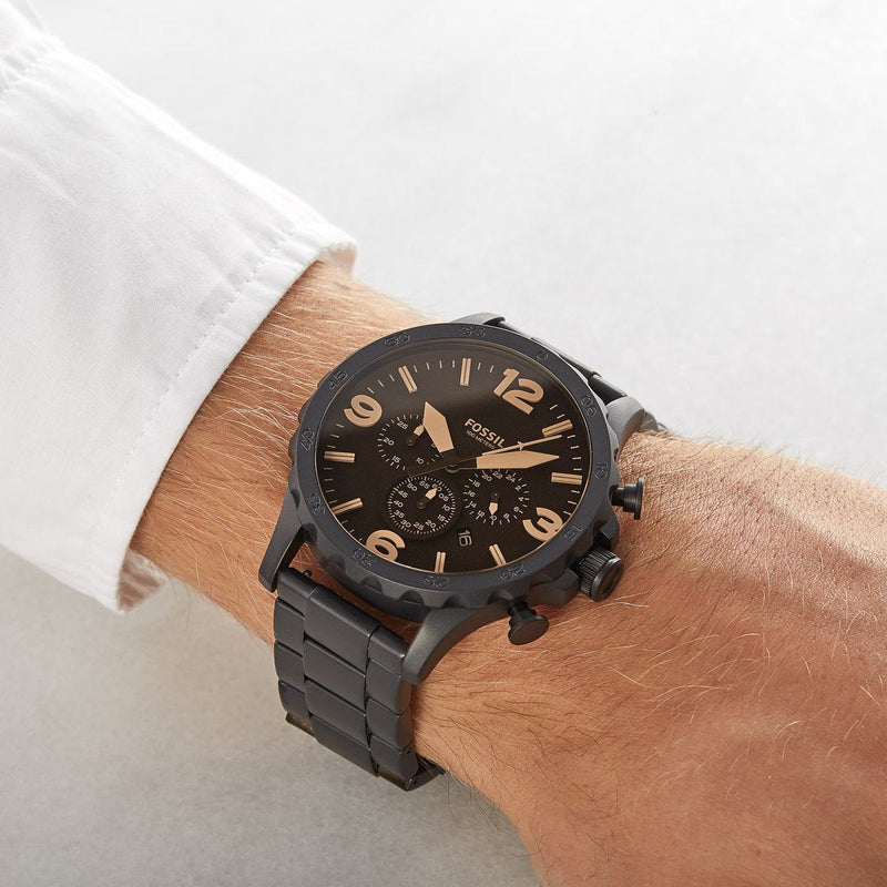 Fossil Nate Chrongraph Ion Plated Black Dial Black Steel Strap Watch for Men - JR1356 Buy Now By Fossil