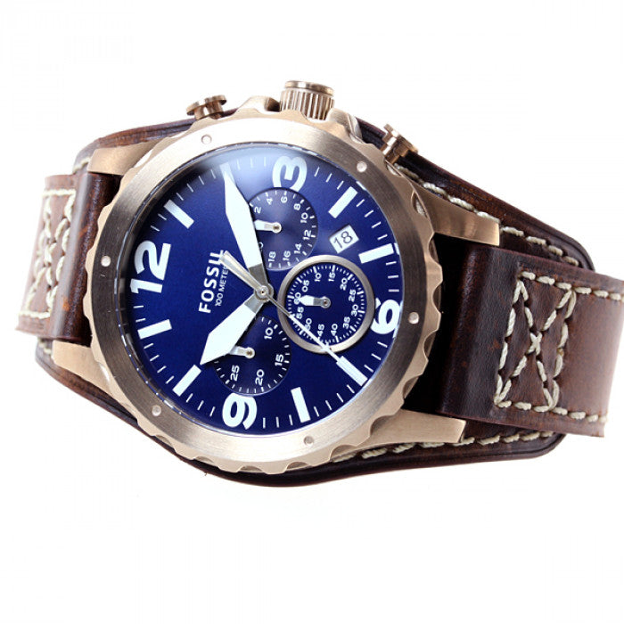 Shop Fossil Nate Chronograph Blue Dial Brown Leather Strap Watch for Men - JR1505 in USA