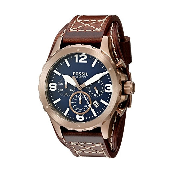 Shop Fossil Nate Chronograph Blue Dial Brown Leather Strap Watch for Men - JR1505 in USA