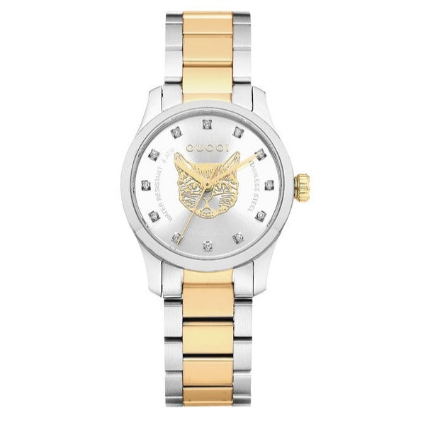 Shop Gucci G Timeless Quartz Diamonds Silver Dial Two Tone Steel Strap Watch For Women - YA1265016 in USA