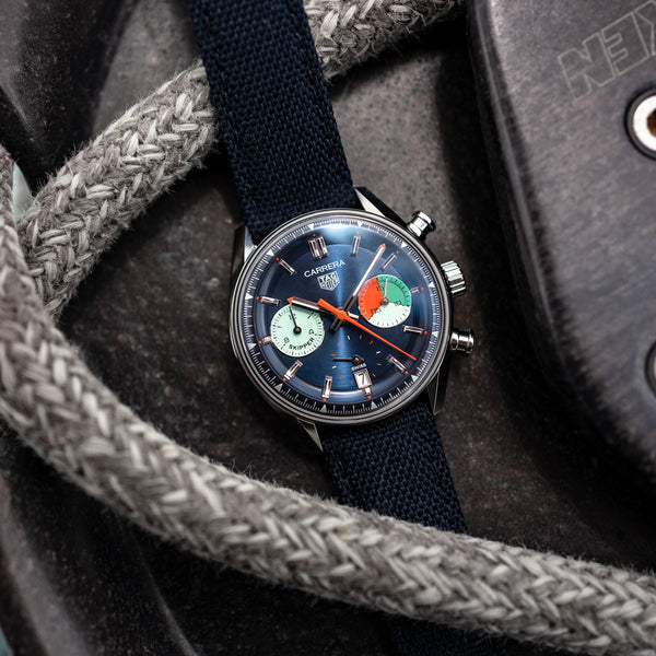 Tag Heuer Carrera Skipper Automatic Chronograph Blue Dial Blue Nylon Strap Watch for Men - CBS2213.FN6002 Buy Now By Tag Heuer