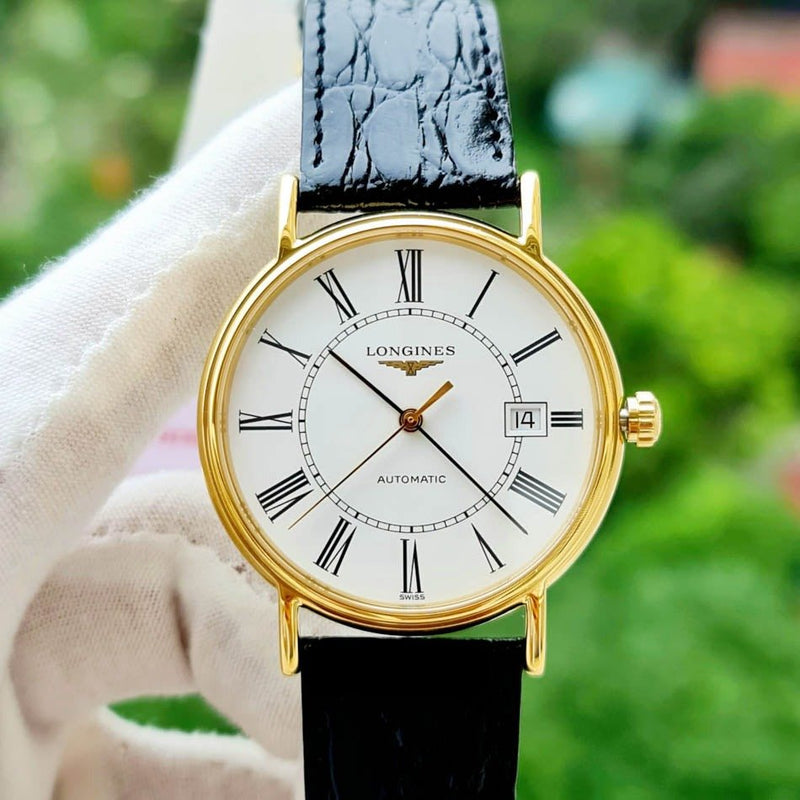 Shop Longines Presence 25.5mm Automatic White Dial Black Leather Strap Watch for Women - L4.921.2.11.2 in USA
