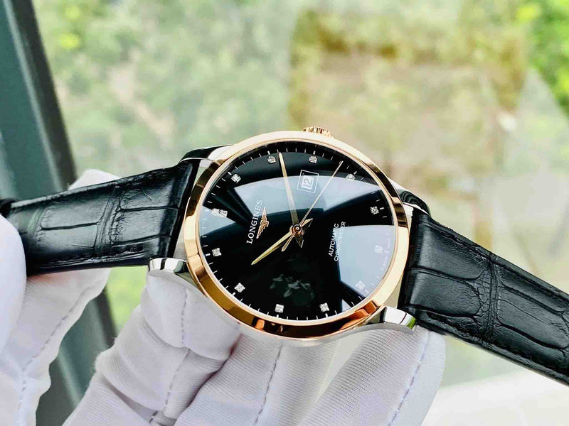 Longines Record Black Dial Black Leather Strap Watch for Men - L2.821.5.57.2 Buy Now By Longines