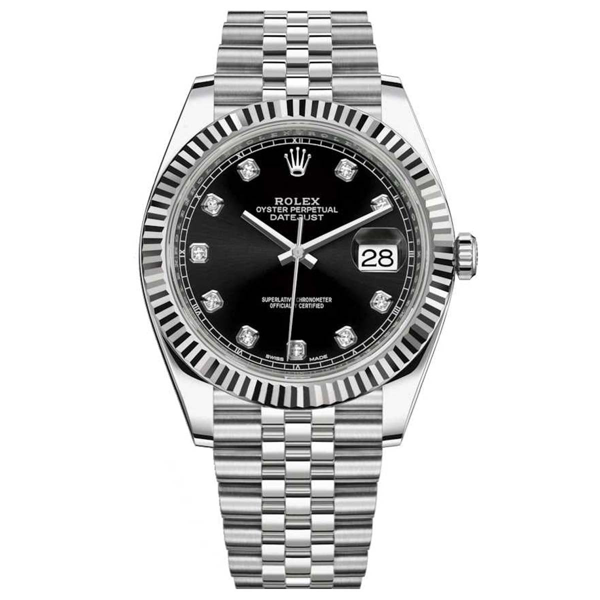 Rolex Datejust 41 Oyster Diamonds Black Dial Oystersteel & White Gold Strap Watch for Men - M126334-0012