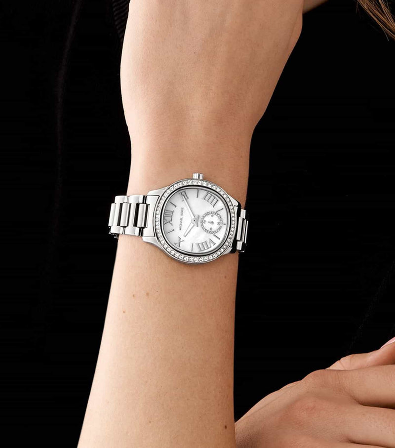 Michael Kors Sage Three-Hand White Dial Silver Steel Strap Watch for Women - MK4807 Buy Now By Michael Kors