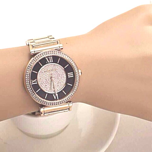 Michael Kors Catlin Black Dial Rose Gold Steel Strap Watch for Women - MK3339