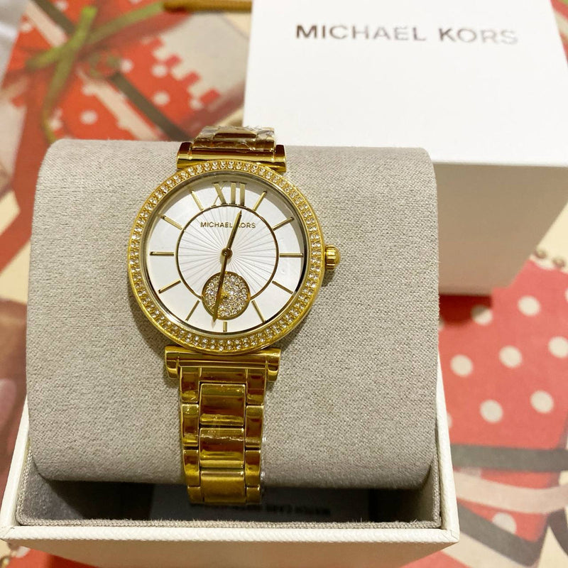 Michael Kors Abbey Three-Hand Analog White Dial Gold Steel Strap Watch for Women - MK4615 Buy Now By Michael Kors
