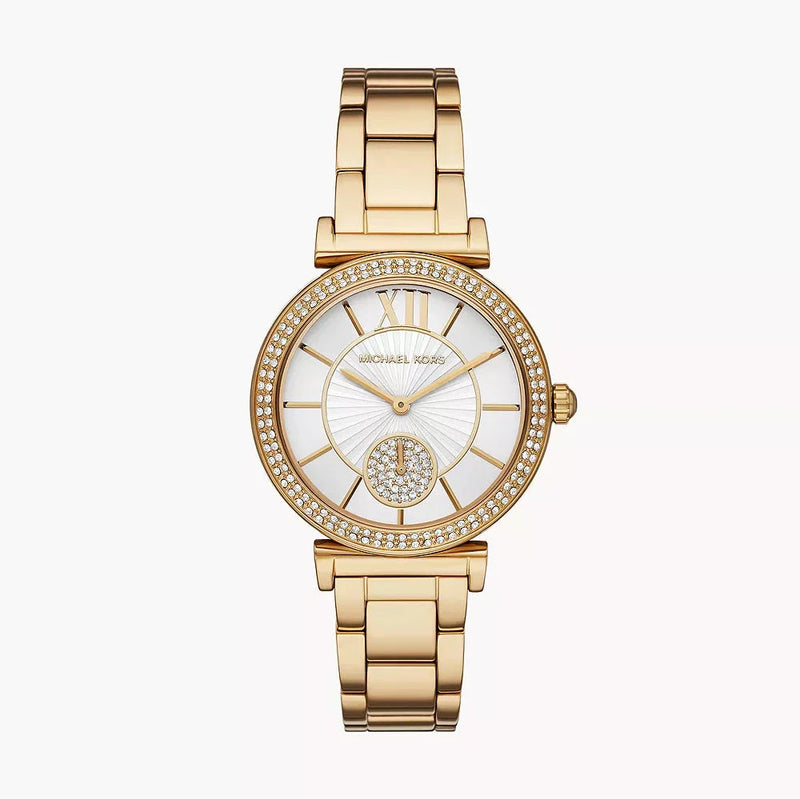 Michael Kors Abbey Three-Hand Analog White Dial Gold Steel Strap Watch for Women - MK4615 Buy Now By Michael Kors